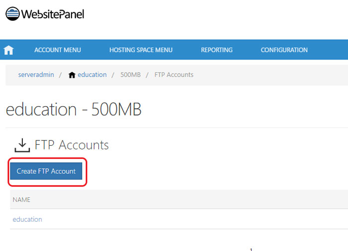 create ftp account on websitepanel