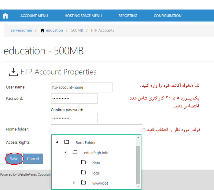 create ftp account on websitepanel